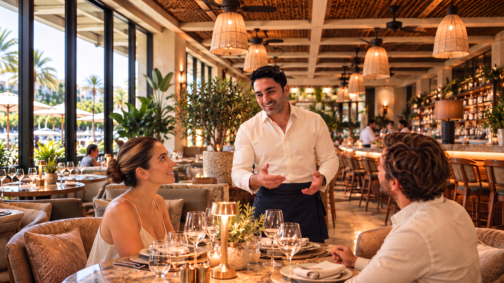 Umit serving guests at a table inside Casa Neos